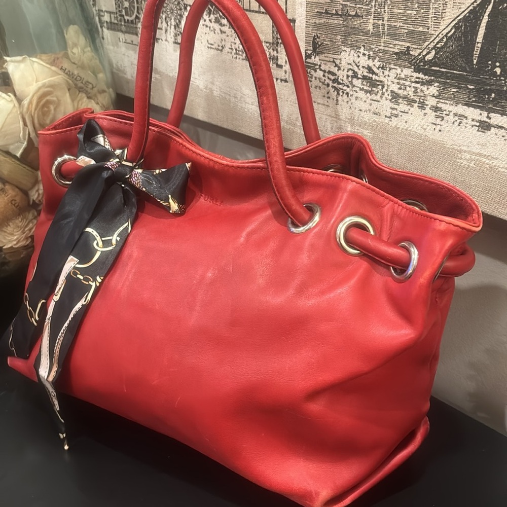 Furla Red Leather Satchel with Unbranded Twilly Detail EUC - Picture 16 of 16